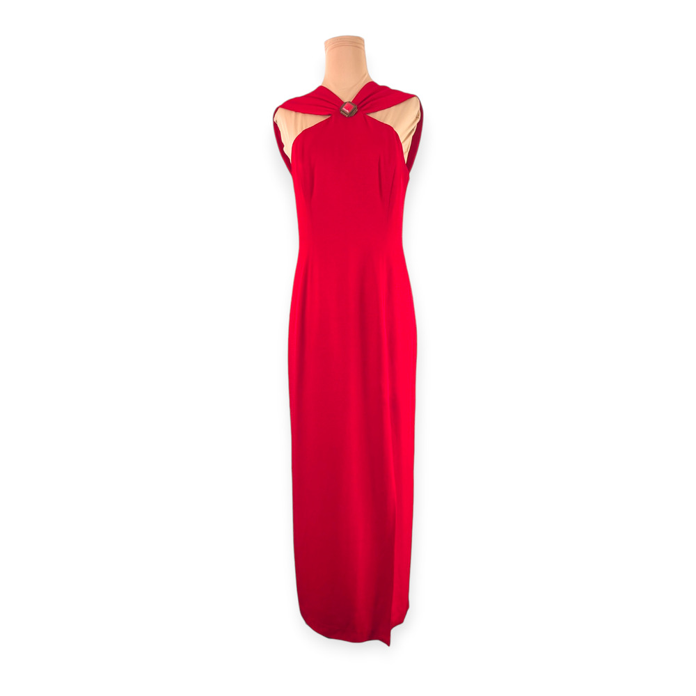 90s Tailored Column Dress MISS ASHLEE Size 8 red crepe maxi